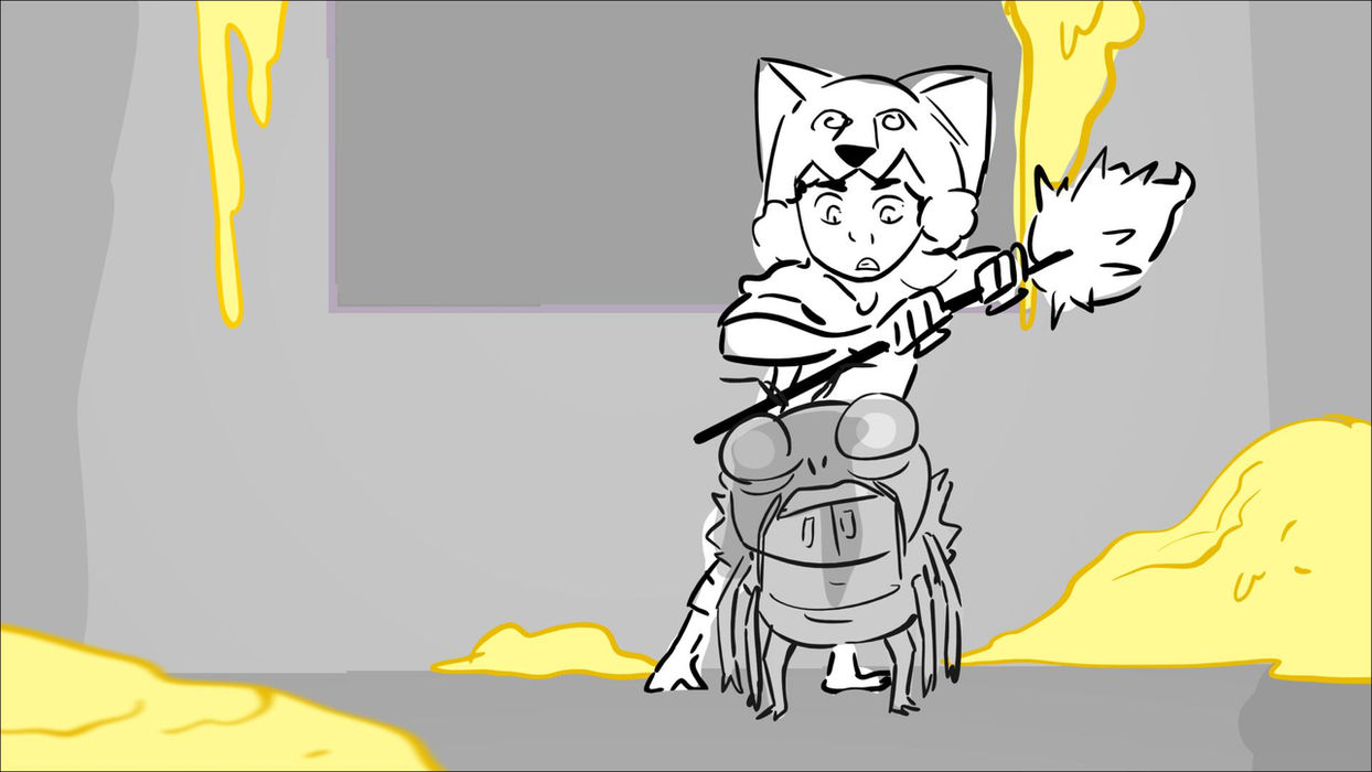 line drawing of a girl wearing a wolf costume holding a tall staff out in front of her. she walks with a giant bug surrounded by yellow goo