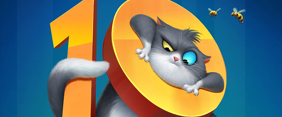the number 10 and an animated grey cat pushing its way through the centre of the zero