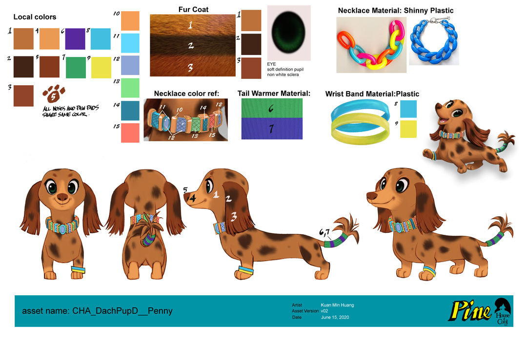illustrations of a brown dachshund dog wearing a colourful collar, wristband and tail warmer from multiple angles. colour swatches of shades of brown, blue, purples, green and yellow, and sample of fur, tail warmer and wristband textures