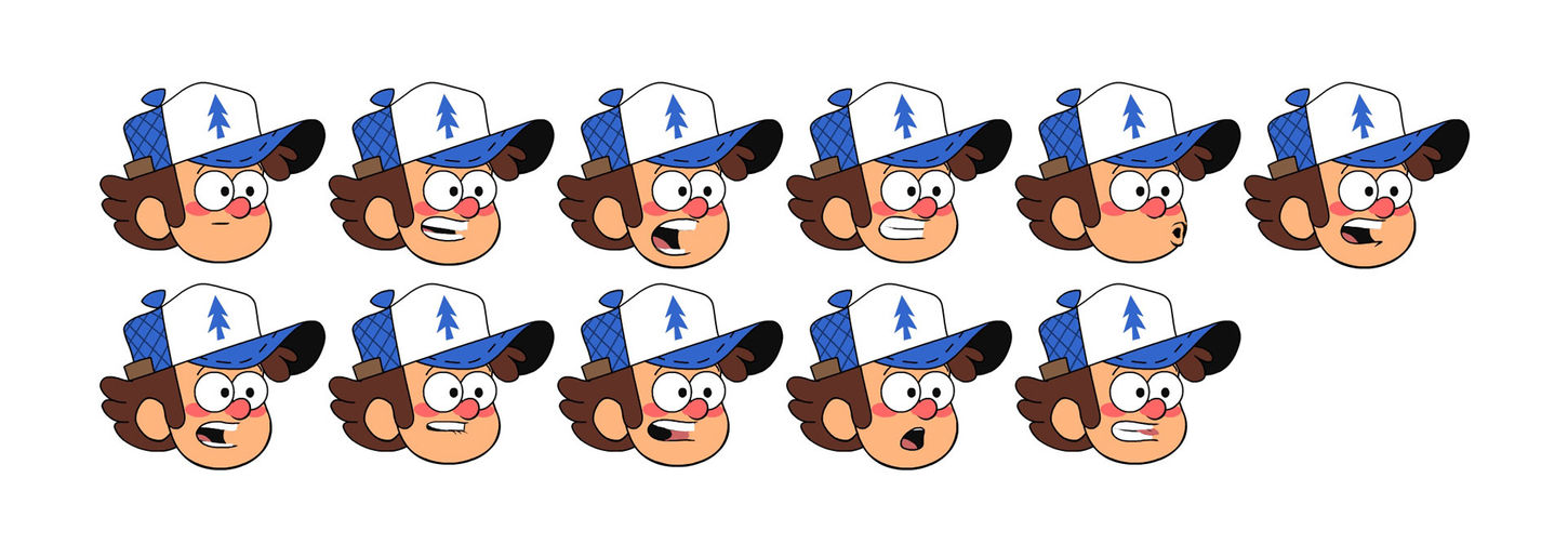 drawings of a boy wearing a blue baseball hat showing various facial expressions
