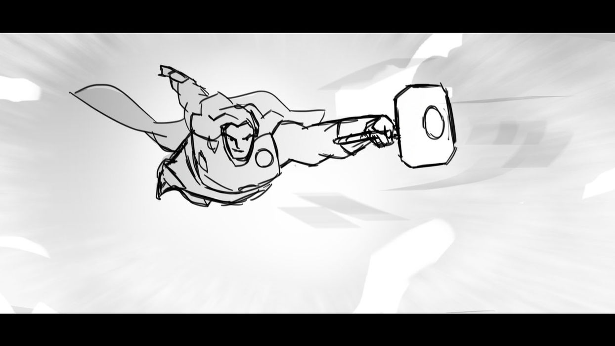 line drawing of a caped figure flying through the air. their arm is outstretched holding a hammer.