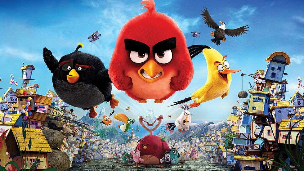 black, red and yellow birds being slingshot towards you surrounded by shakily stacked buildings and a group of different birds at the base of the slingshot