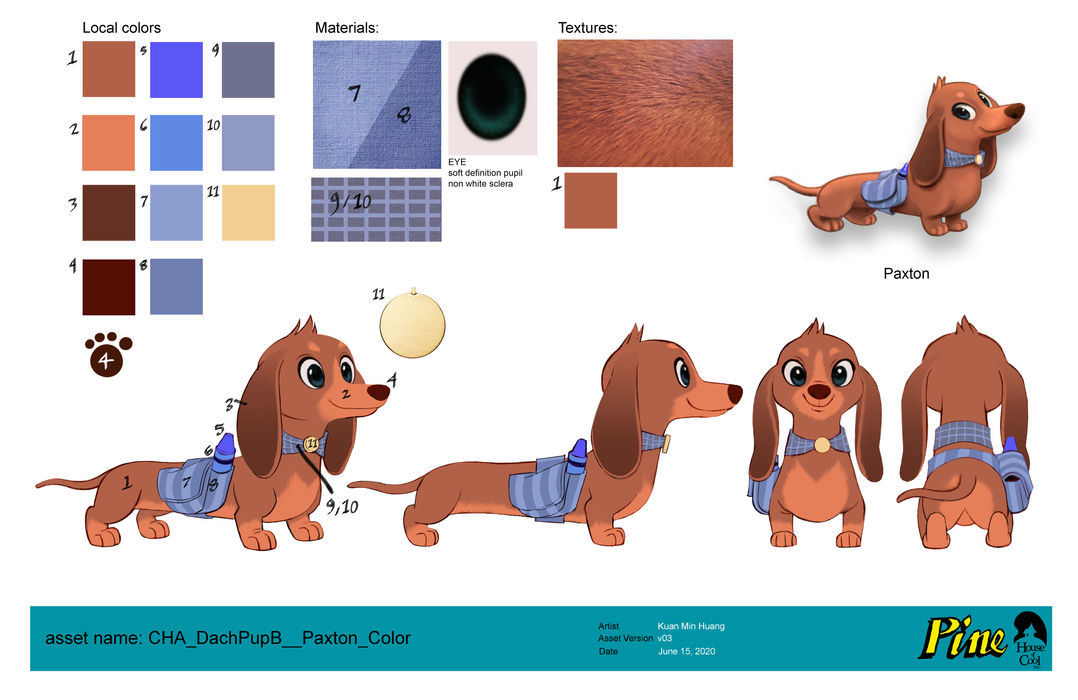 illustrations of a brown dachshund dog wearing a lavender collar and satchel holding a blue crayon from multiple angles. colour swatches of shades of brown and blues and sample of fur texture