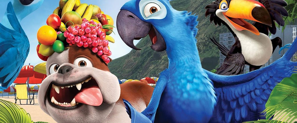 a blue Spix's macaw with it's wing around a toucan and a bulldog wearing a fruit hat