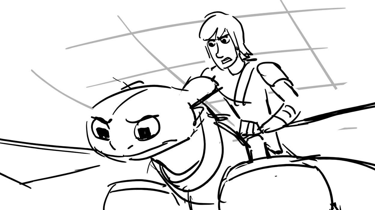 line drawing of a teenage boy riding a dragon. they are both looking down below
