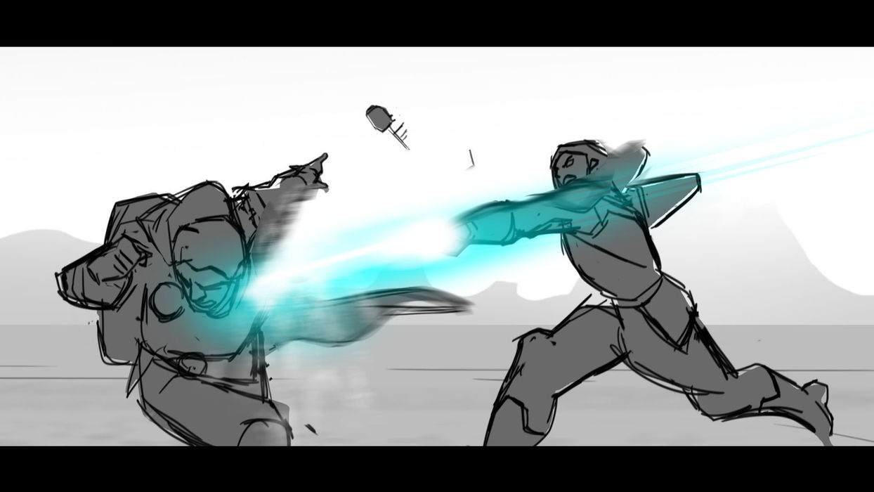 line drawing of two figures battling. one figure fires a blue ray at the other from their hand