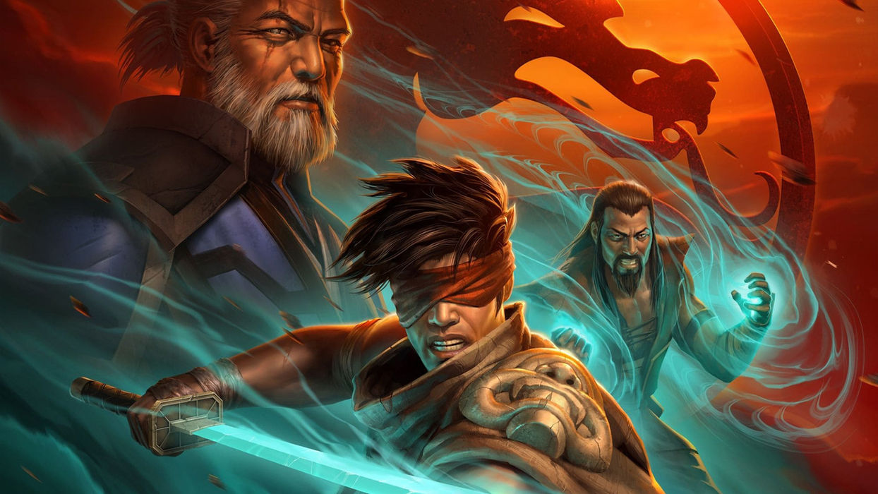 3 warriors in a blue mist in front of the Mortal Kombat logo