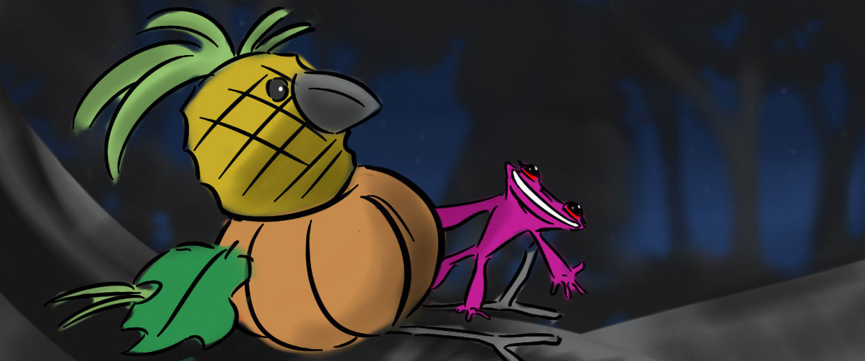 a pink frog standing next to a bird made out of a pumpkin, pinapple and leaves.