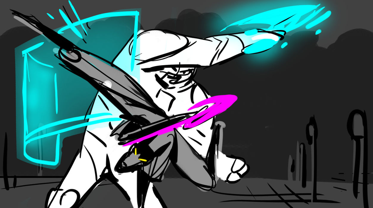 line drawing of a battle between a large alien bodyguard and a villain. the weapons throw off blue light
