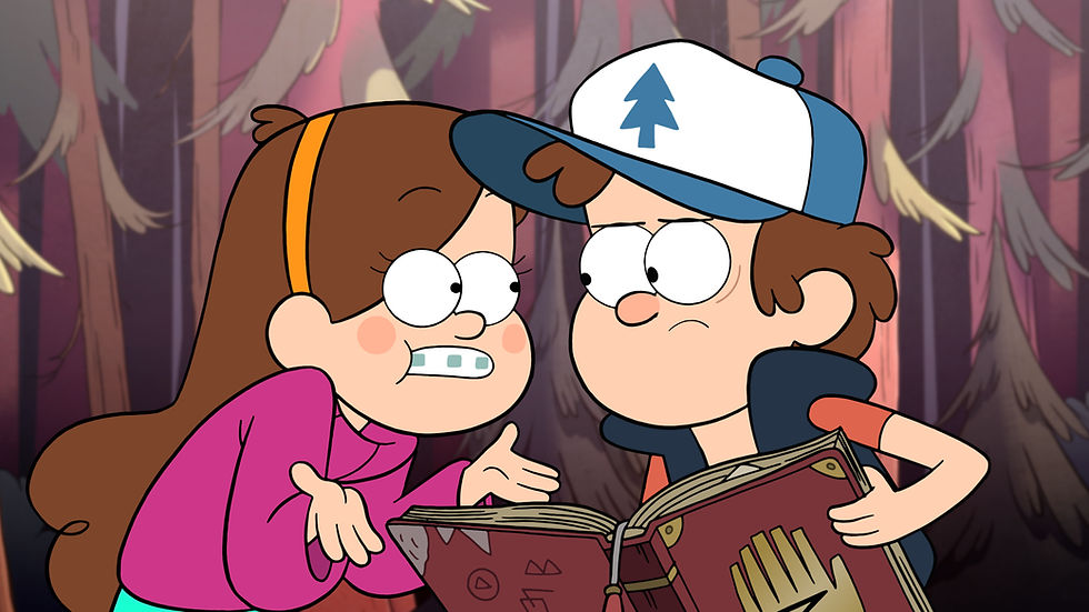 boy and girl looking at each other curious about a book they're holding