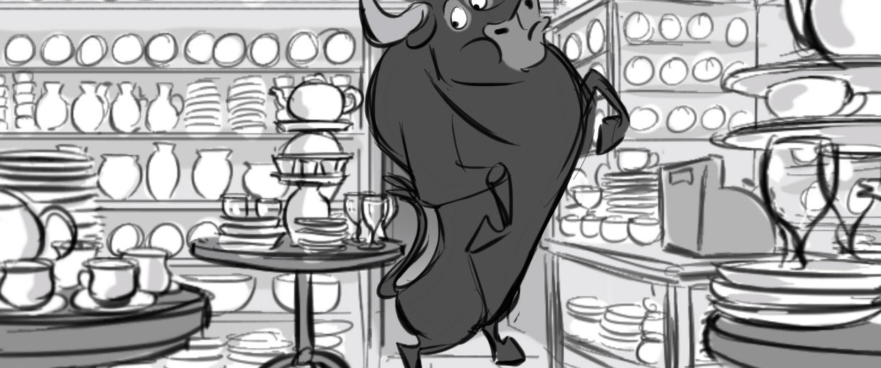 line drawing of a bull standing on his back legs, walking through the dish shop without breaking any