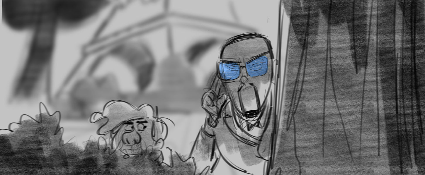 line drawing of a man in a tuxedo looking around the corner while talking on the phone, another person looking at him