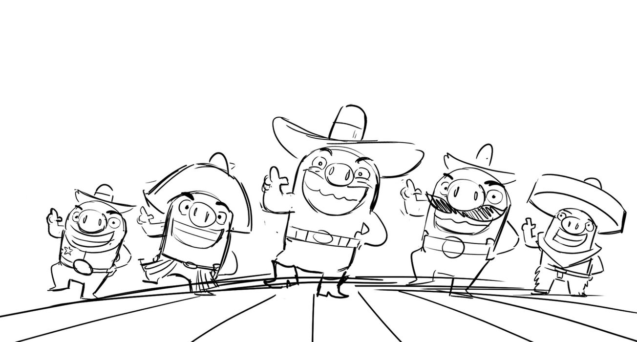 line drawing of five pigs wearing cowboy hats and sombreros 