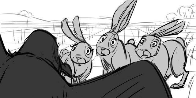line drawing of 3 rabbits looking a bird