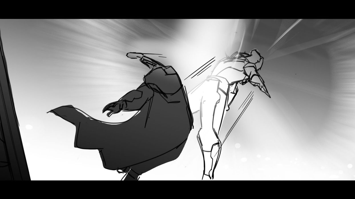 line drawing of two figures battling. one wearing a cape strikes the other with a hammer throwing them backward
