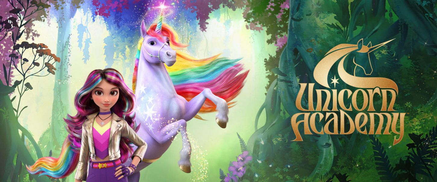 a girl and a unicorn with a rainbow mane in a lush green forest