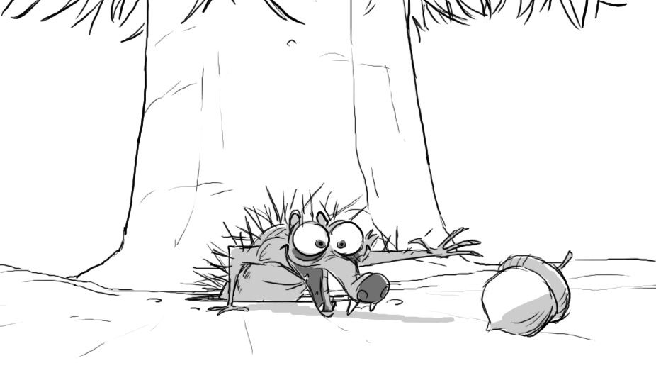 line drawing of a saber-toothed squirrel reading for an acorn