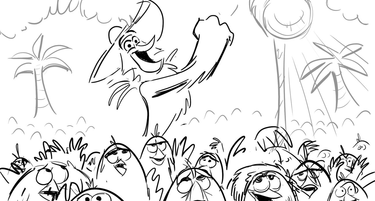 line drawing of a tall bird wearing a hat walking through a crowd of smaller birds in a tropical forest