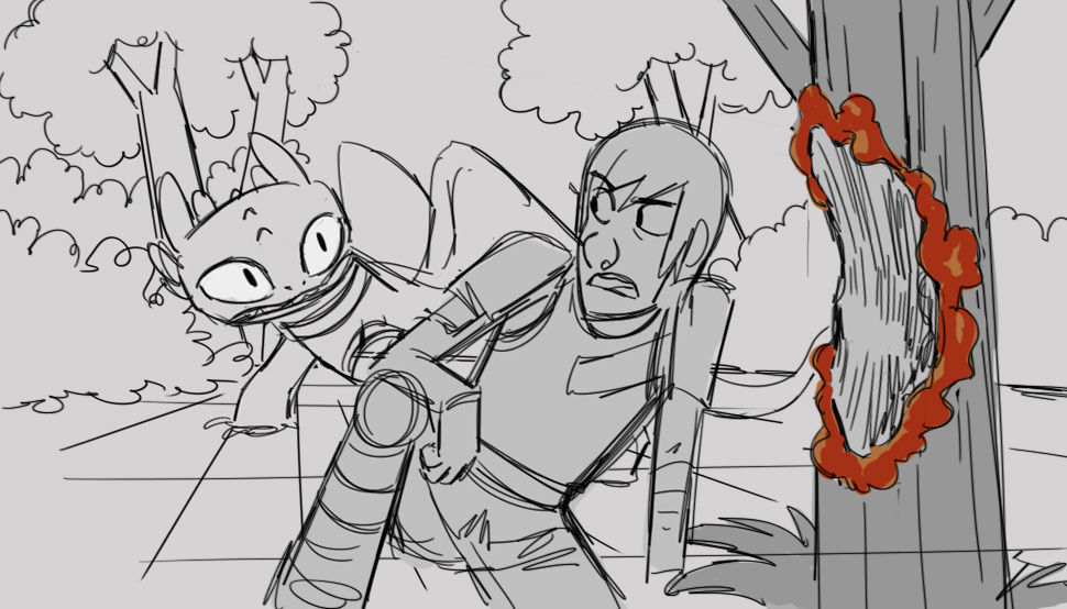line drawing of a teenage boy angry that his dragon took a bit out of a tree. the dragon looks on surprised. a tree with a bite missing from it