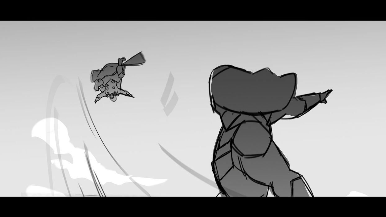 line drawing of two figures battling. one figure throws the other into the air.